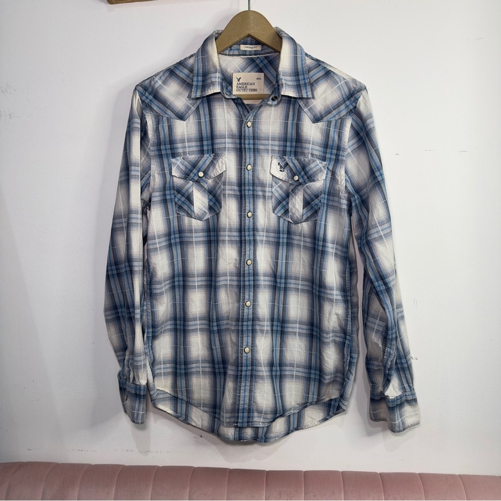American Eagle Outfitters Pearl Snap Long Sleeve Plaid Medium White Blue
